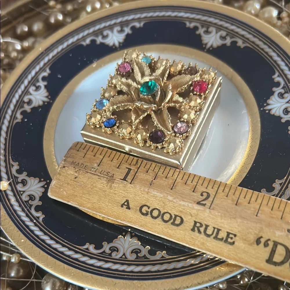 Vintage Gold & Rhinestone Pill Box